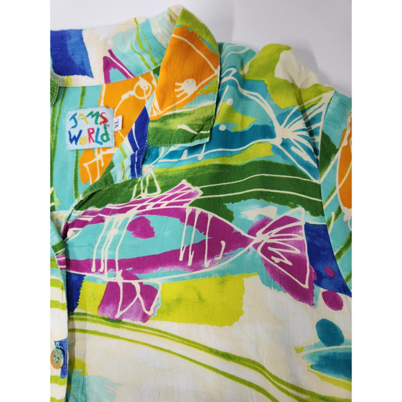 Vtg Jams World Women's Fish Pond Print Short Sleeve Shirt, Sz XL, In Multi. Flaw - Picture 5 of 13
